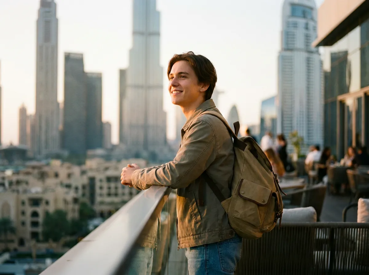 Happy American Gen Z couple smiling in front of the Dubai skyline with Burj Khalifa