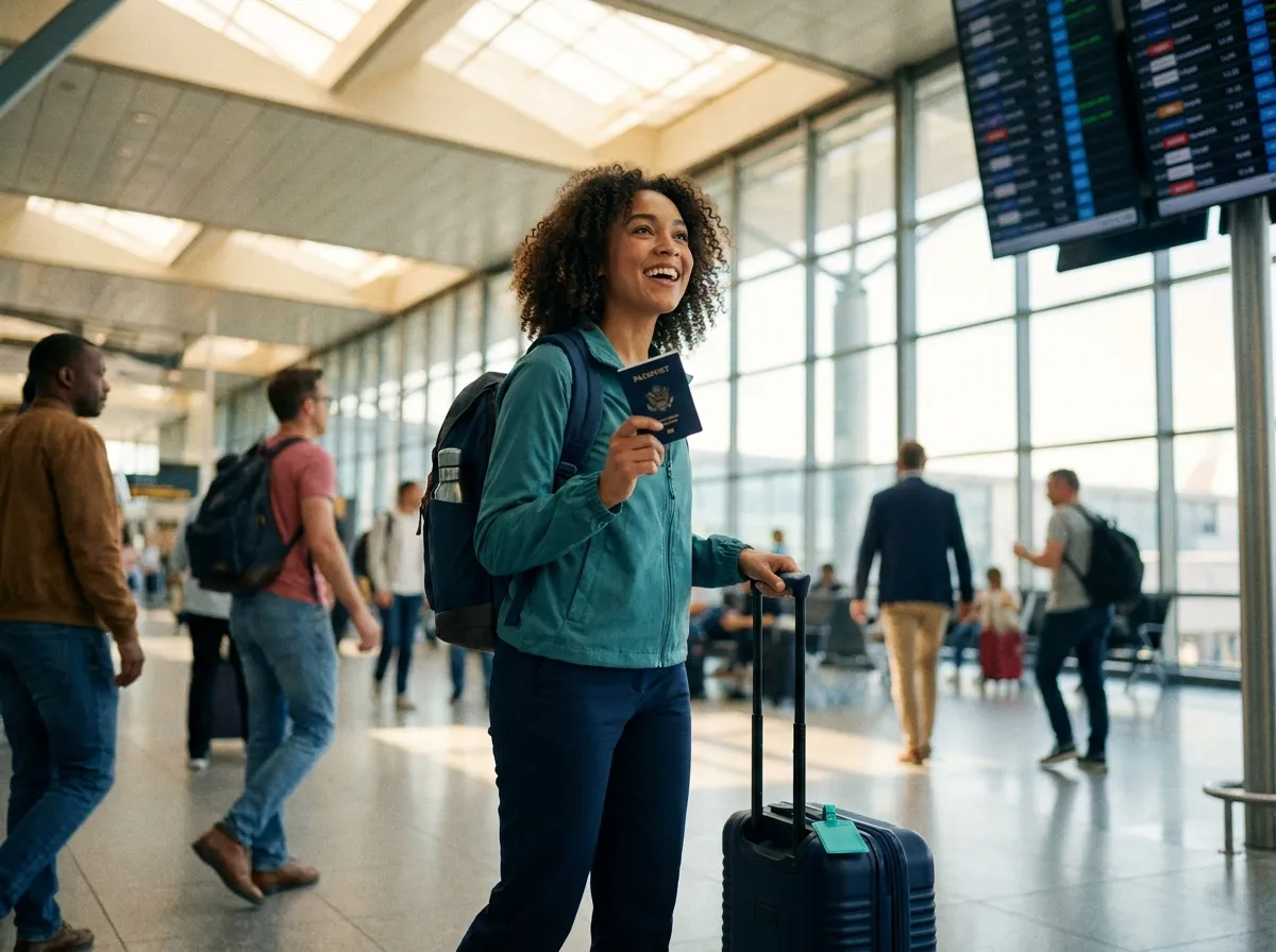 Gen Z international student smiling with passport, smartphone, headphones and backpack