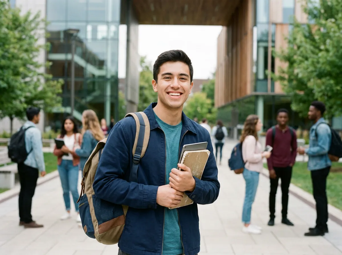 Young Moroccan Arabic Gen Z female student smiling on campus with tablet