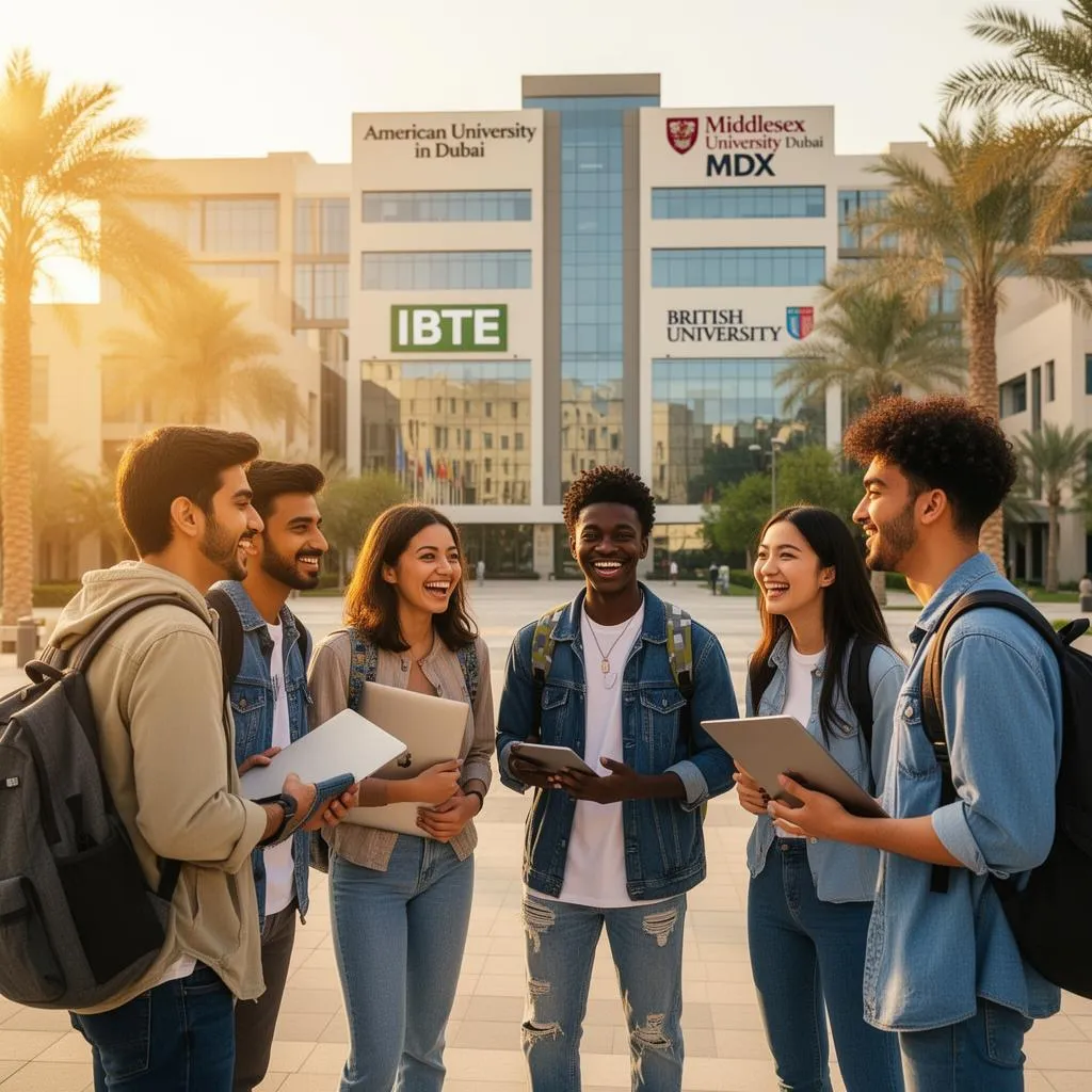 Diverse Gen Z students chatting happily on a Dubai campus in front of IBTE, American University in Dubai, MDX and British University